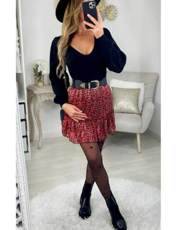 My Look Féminin Ma petite jupe volants & liserés gold "Red flowers" Best