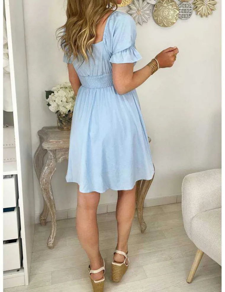ma_robe_bleu_ciel_quottai_3.webp My Look Féminin Ma robe bleu ciel "taille smockée & décolleté lacé" Discount