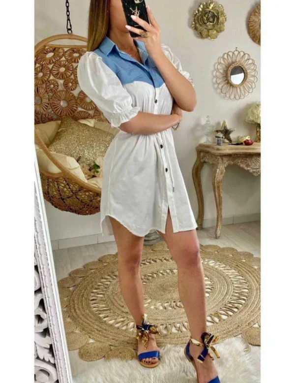 My Look Féminin Ma robe chemisier blanche et buste jeans ciel Online