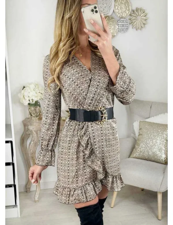 My Look Féminin Ma robe col V & volants" Beige/Black Print" Hot