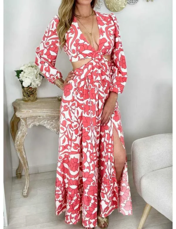 My Look Féminin Ma robe longue fendue cut out " Pink & white print" Hot