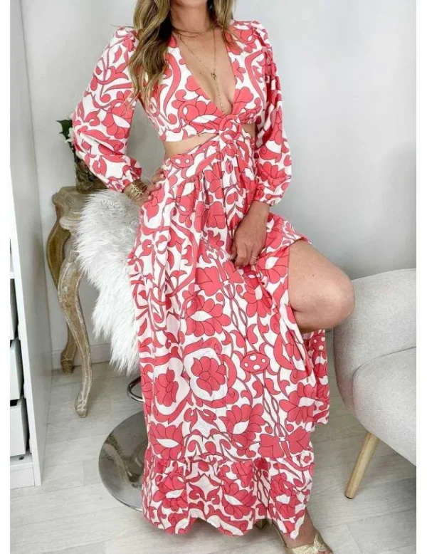 My Look Féminin Ma robe longue fendue cut out " Pink & white print" Hot