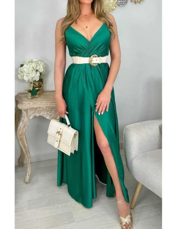 My Look Féminin Ma robe longue satinée vert émeraude "effet portefeuille" New