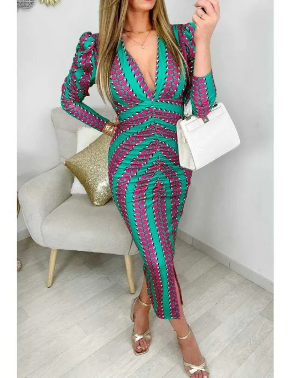 My Look Féminin Ma robe longue style lycra verte "fuchsia print" Best