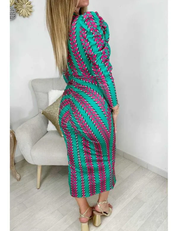 My Look Féminin Ma robe longue style lycra verte "fuchsia print" Best