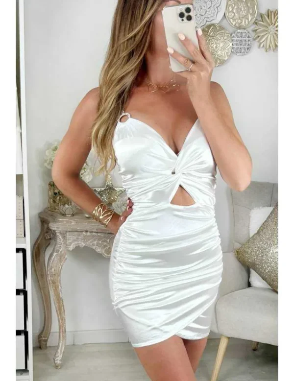 My Look Féminin Ma robe satinée blanche froncée "bretelles strass" Hot