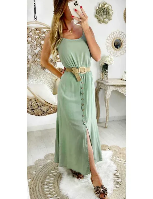 My Look Féminin Ma robe vert amande mi longue "boutonnée et sa ceinture" Fashion