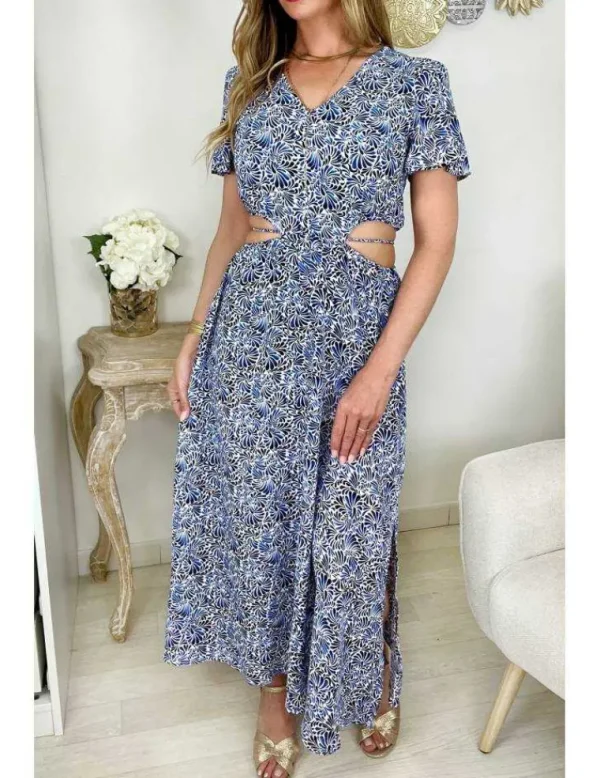 My Look Féminin Ma superbe robe longue et fendue cut out " Blue print" Outlet