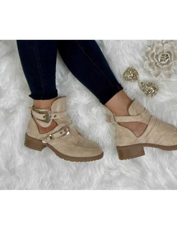 My Look Féminin Mes jolies bottines beige ouvertes style daim " boucles Gold" New