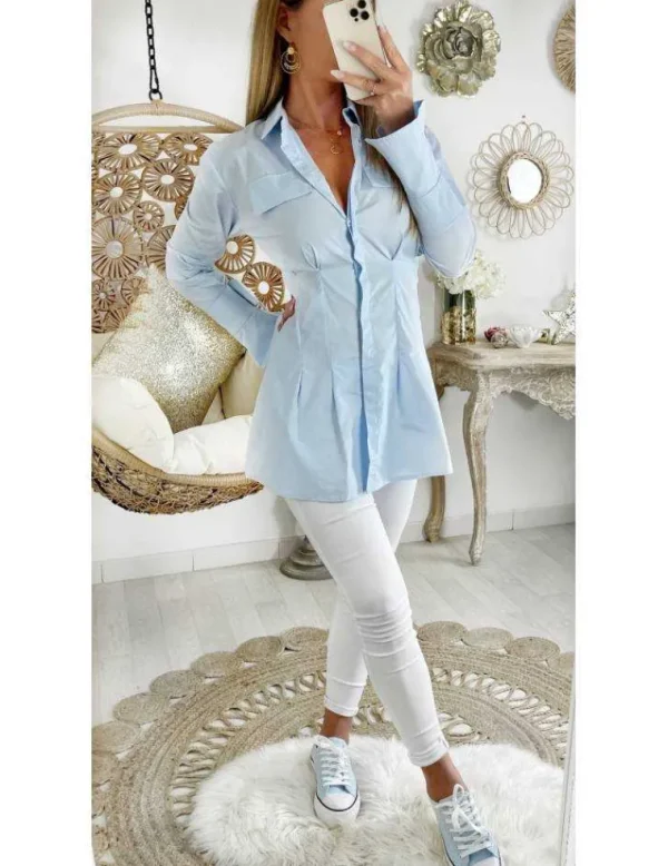 My Look Féminin Mon chemisier long bleu ciel taille marquée Clearance