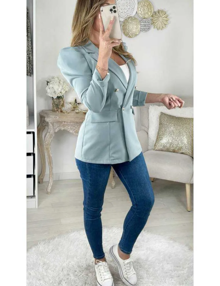 mon_joli_blazer_bleu_ciel_0.webp My Look Féminin Mon joli Blazer bleu ciel épaulé "boutons dorés" Discount