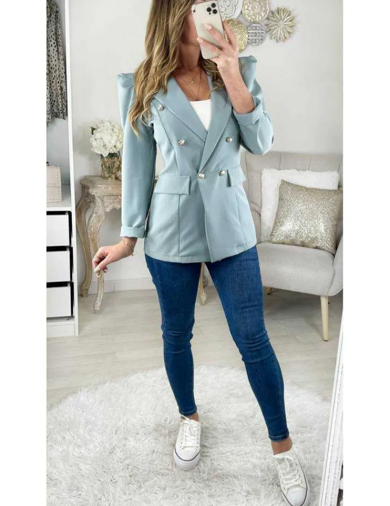 mon_joli_blazer_bleu_ciel_1.webp My Look Féminin Mon joli Blazer bleu ciel épaulé "boutons dorés" Discount