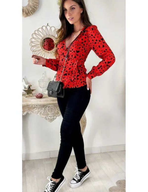 My Look Féminin Mon joli top cache coeur à nouer "rouge et points noir" Discount