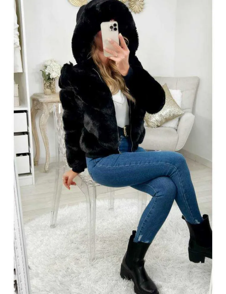 mon_manteau_court_noirqu_1.webp My Look Féminin * Mon manteau court noir" Hood & Fur" Discount