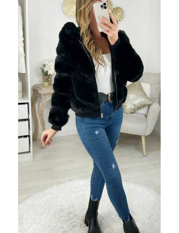 mon_manteau_court_noirqu_2.webp My Look Féminin * Mon manteau court noir" Hood & Fur" Discount