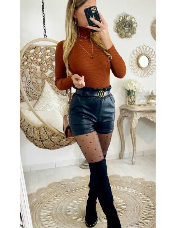 My Look Féminin Mon short basic black style cuir et sa ceinture Sale