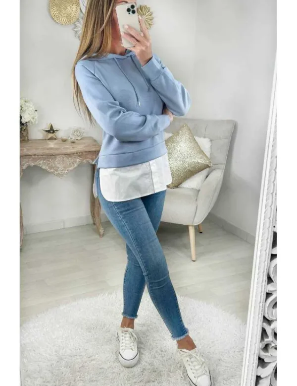 My Look Féminin Mon sweat bleu ciel effet deux pièces et chemisier Sale