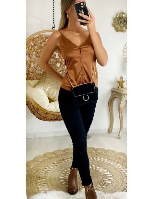 My Look Féminin Mon top chocolat "satiné et plissé" Fashion