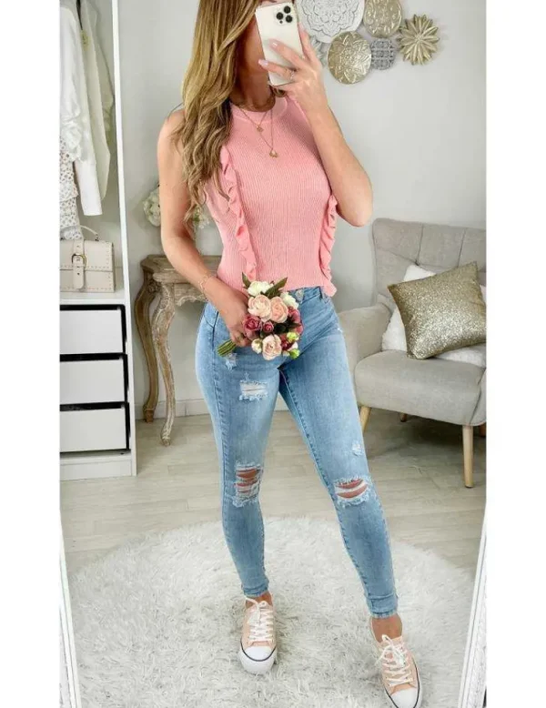 My Look Féminin Mon top en maille rose " jolis petits volants" Fashion