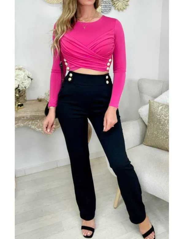 My Look Féminin Mon top fuchsia style lycra "buste croisé et boutons dorés" Best