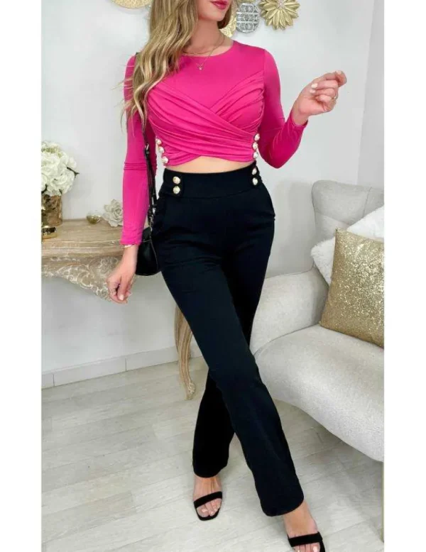 My Look Féminin Mon top fuchsia style lycra "buste croisé et boutons dorés" Best