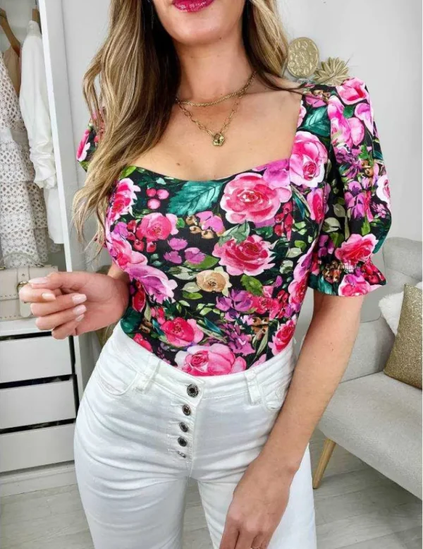 My Look Féminin Mon top style lycra & col carré " so flowers" Clearance