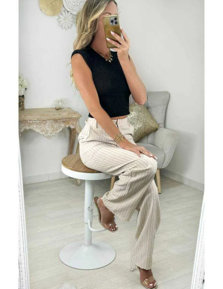 pantalon_beige_ray_style__2.webp My Look Féminin Pantalon beige rayé style lin Clearance