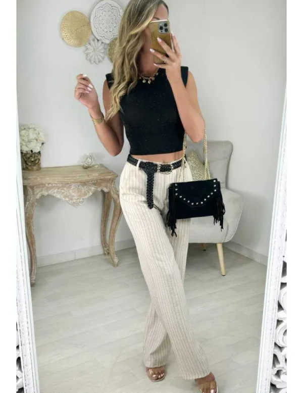 My Look Féminin Pantalon beige rayé style lin Clearance
