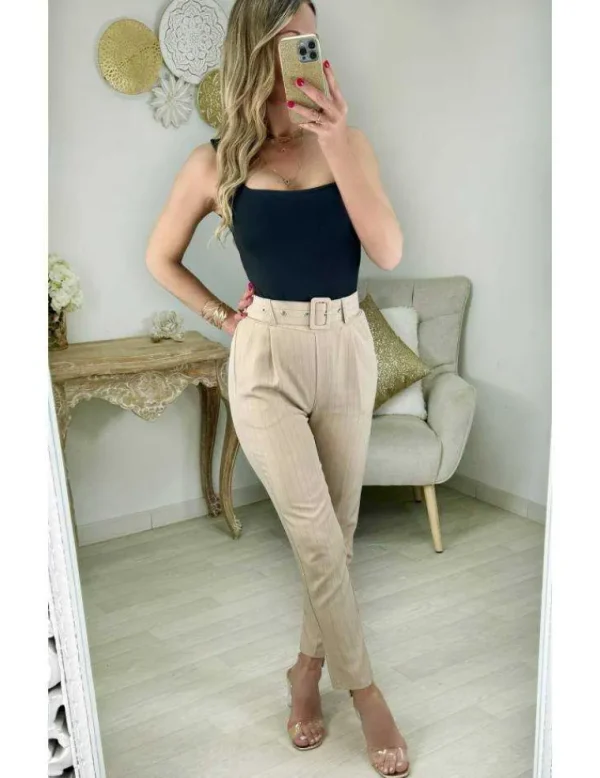 My Look Féminin pantalon droit beige fines rayures Fashion