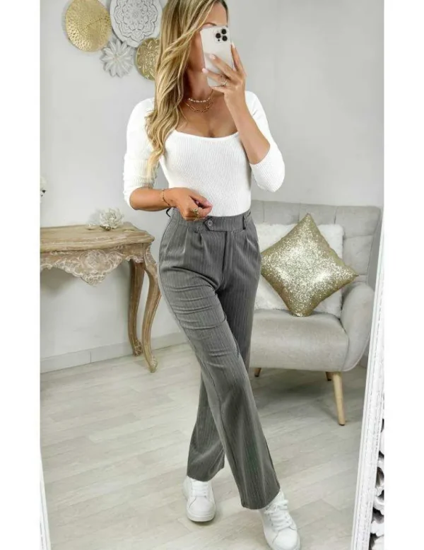 My Look Féminin pantalon droit gris rayé blanc Outlet