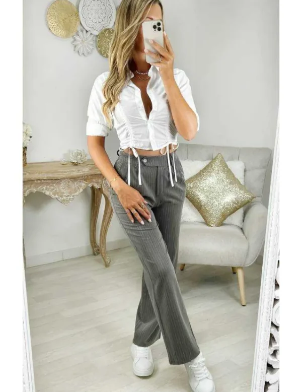 My Look Féminin pantalon droit gris rayé blanc Outlet