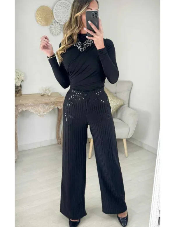 My Look Féminin Pantalon droit noir & sequins New