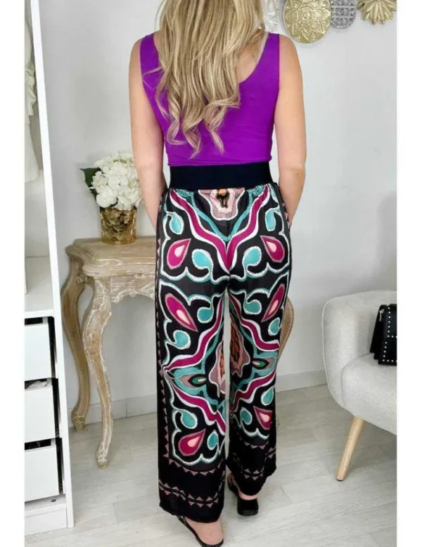 My Look Féminin pantalon fluide motif noir prune et vert d'eau Hot