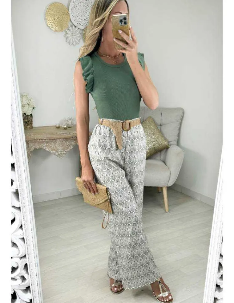pantalon_fluide_motifs_ka_0.webp My Look Féminin pantalon fluide motifs kaki & ceinture tressée Online