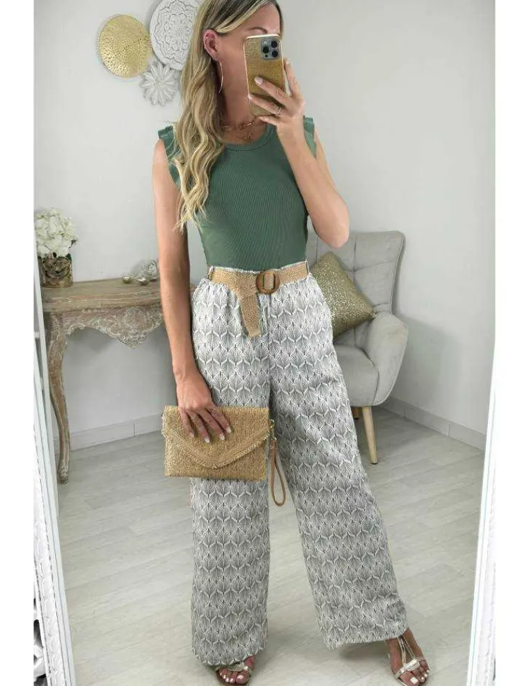 pantalon_fluide_motifs_ka_1.webp My Look Féminin pantalon fluide motifs kaki & ceinture tressée Online