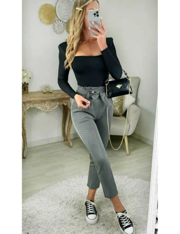 My Look Féminin pantalon gris classique ceinture à nouer Best