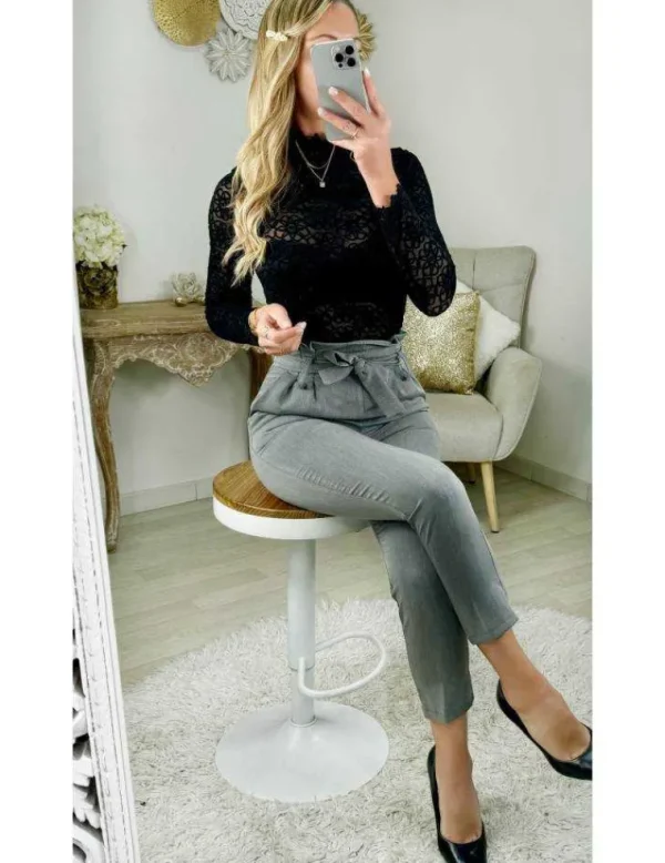 My Look Féminin pantalon gris classique ceinture à nouer Best