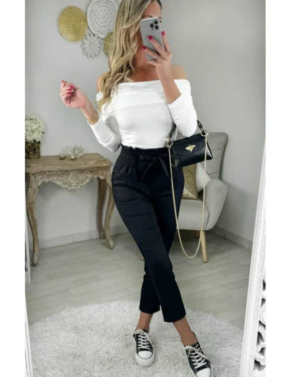 My Look Féminin pantalon noir classique ceinture à nouer Hot