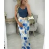 My Look Féminin pantalon style lin fleurs bleues Discount