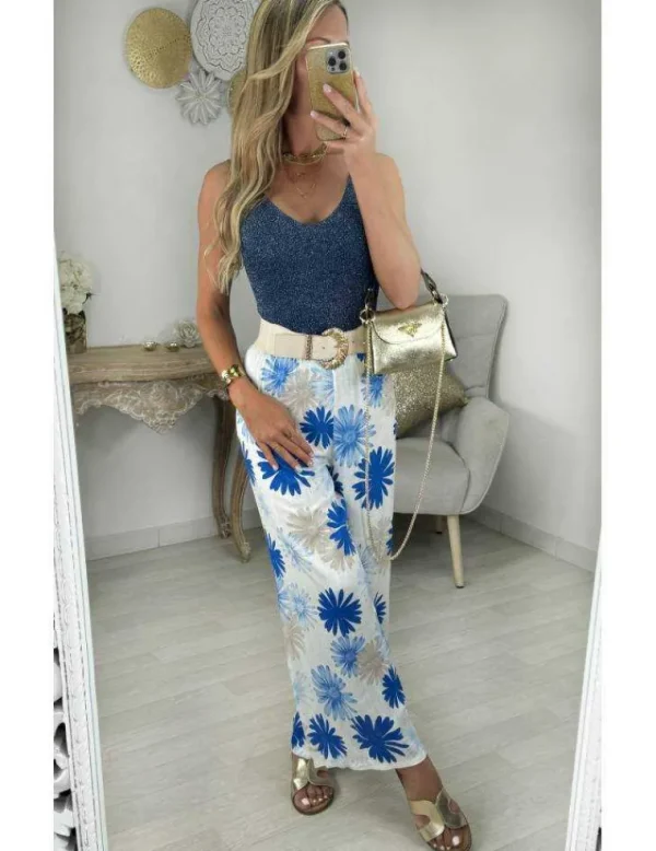 My Look Féminin pantalon style lin fleurs bleues Discount