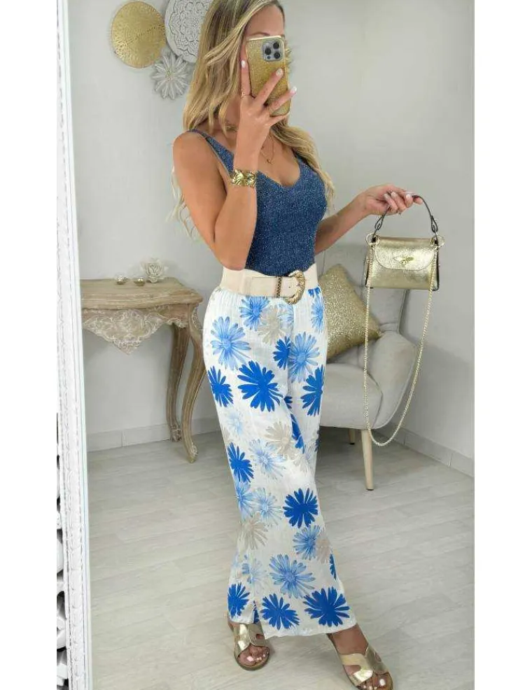 pantalon_style_lin_fleurs_1.webp My Look Féminin pantalon style lin fleurs bleues Discount