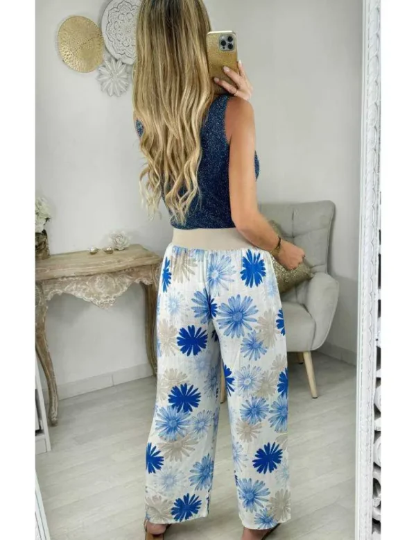 My Look Féminin pantalon style lin fleurs bleues Discount