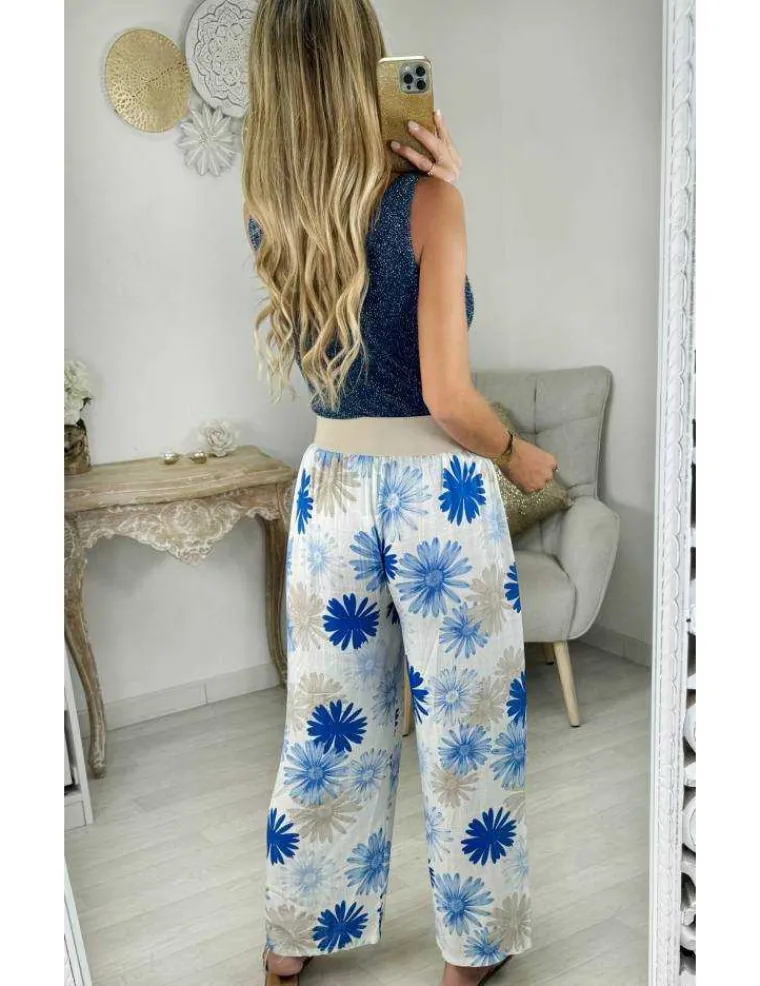 pantalon_style_lin_fleurs_2.webp My Look Féminin pantalon style lin fleurs bleues Discount