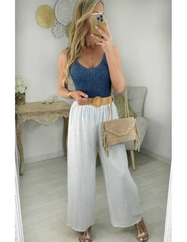 My Look Féminin pantalon style lin rayé & sa ceinture Best