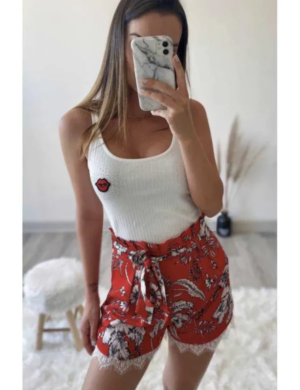 My Look Féminin Petit top top blanc côtelé "red kiss" Clearance