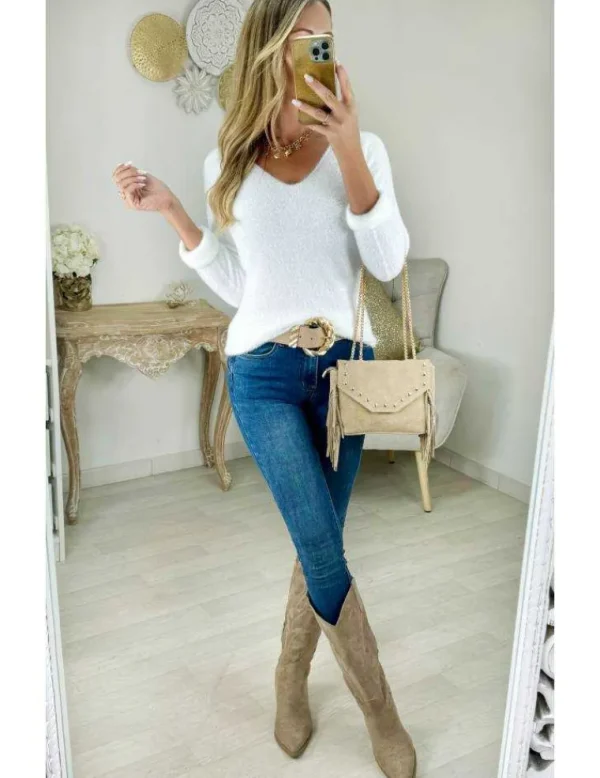 My Look Féminin Pull blanc tout doux col V Online
