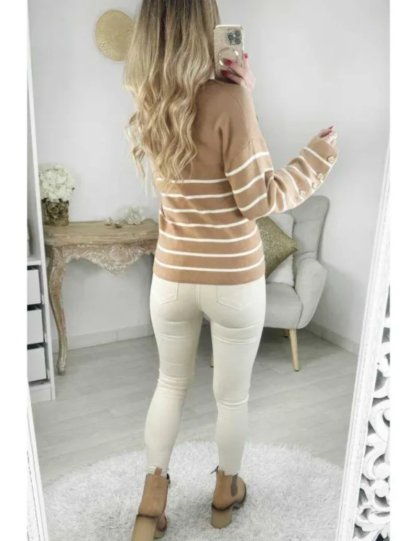 My Look Féminin pull caramel style marinière & boutons dorés Clearance