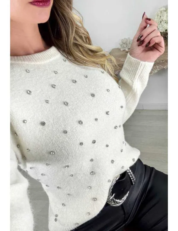 My Look Féminin Pull en lainage beige & strass Hot