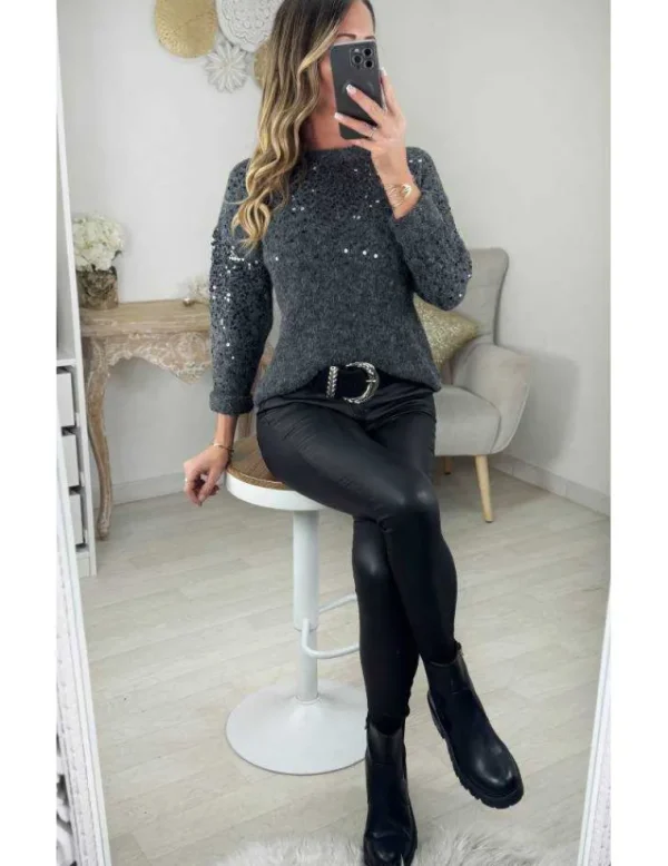 My Look Féminin Pull en lainage gris et sequins Clearance