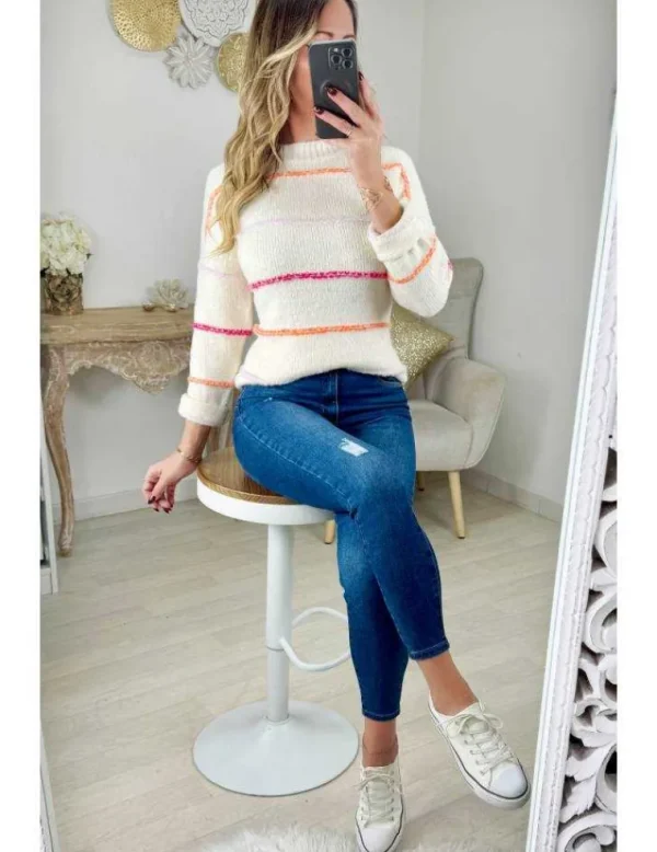 My Look Féminin Pull en maille blanc rayé pastel New